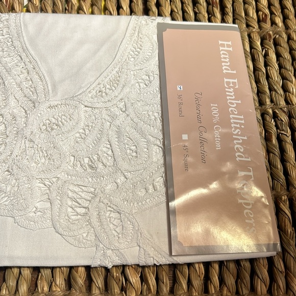 Hand Embellished Topper in Battenburg lace. 36 inches round. Never used. - Picture 4 of 9